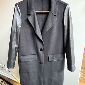 Lamarque Women's Black Pea Coat with Leather Sleeves